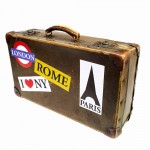 Close up of a suitcase covered with travel stickers